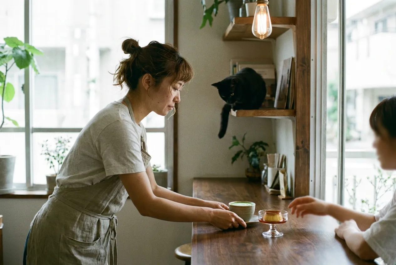 The host in a linen apron placing a matcha latte and purin on the counter, Nori watching from the shelf
