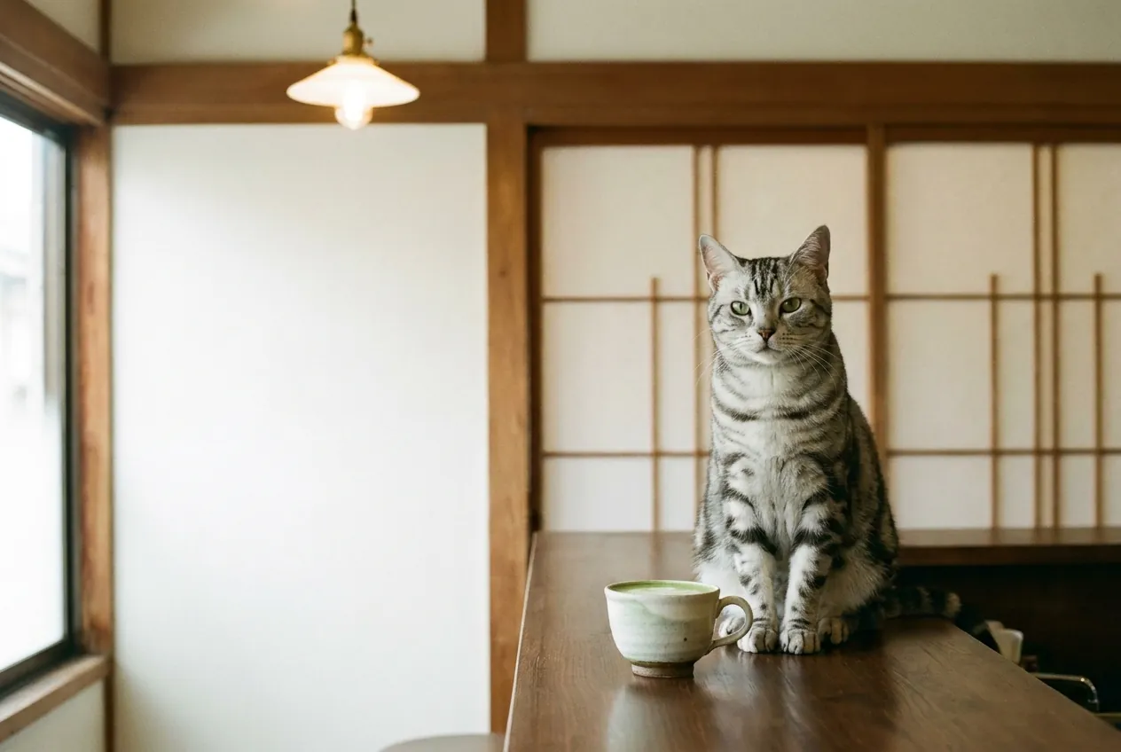 Ume, a silver tabby, seated upright on the kissaten counter beside a matcha latte