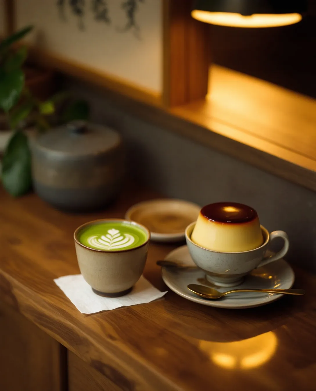 A matcha latte and a caramel-topped purin on the walnut counter