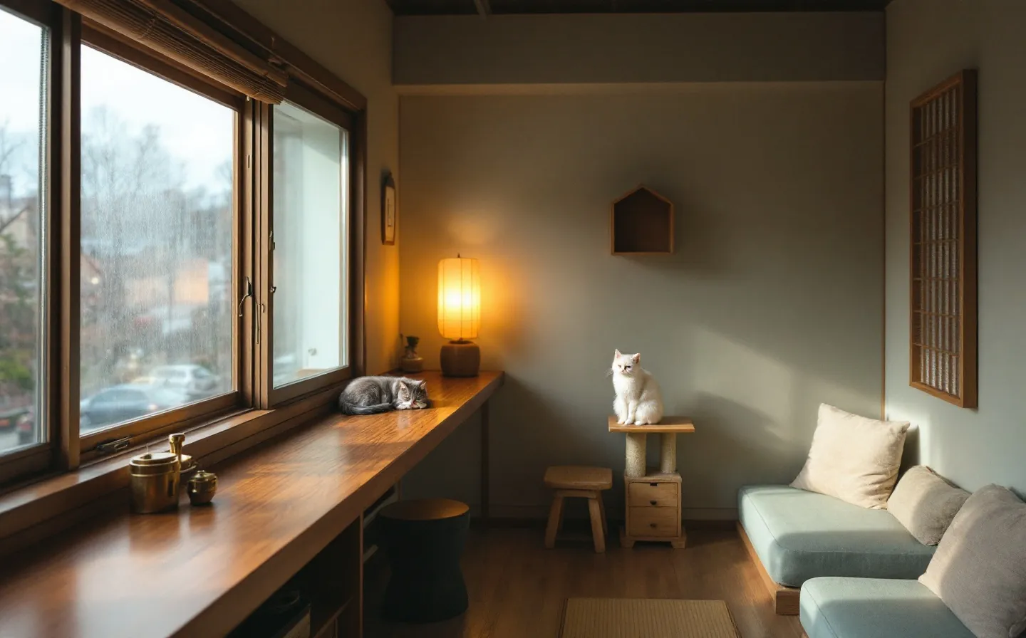 The empty lounge at lamplight: timber counter, tatami benches, two cats dozing