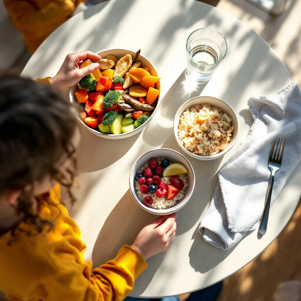 A child’s lunch of vegetables, rice and fruit in small bowls on a pale timber table