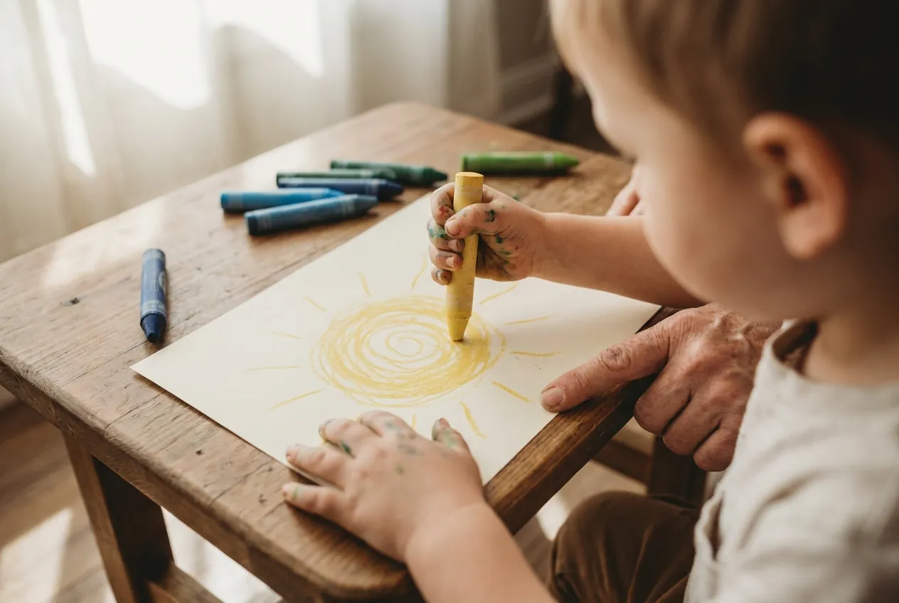 A child’s paint-flecked hands drawing a big crayon sun at a low timber table