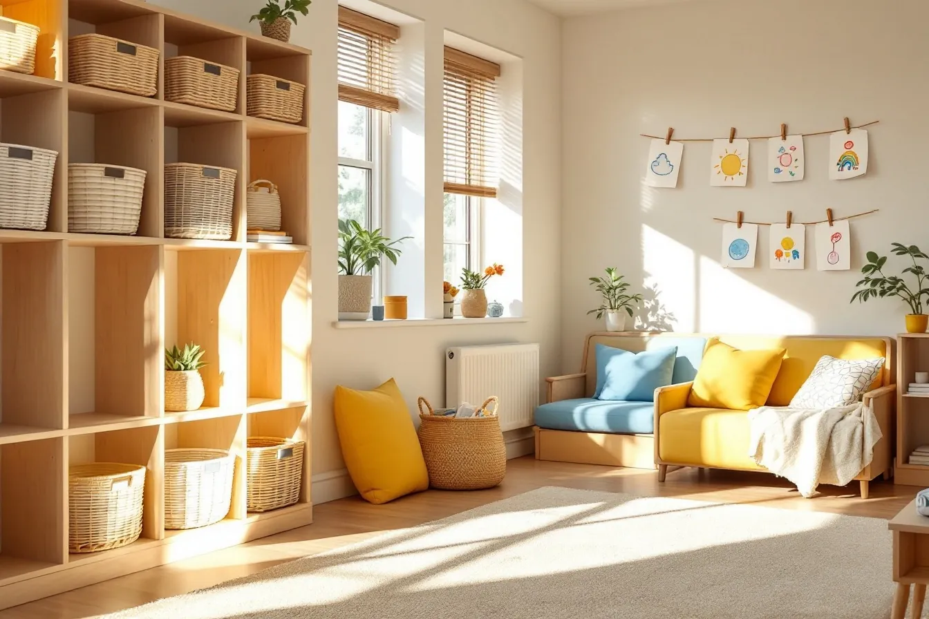 The Harbour House reading room with cubby shelves and butter and sky cushions