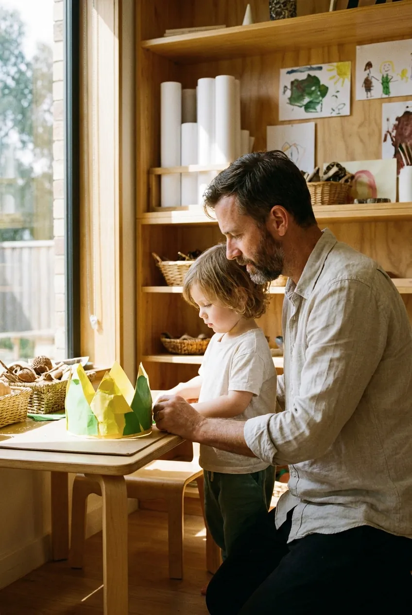 Theo Brandt making a paper crown with a child at the atelier table
