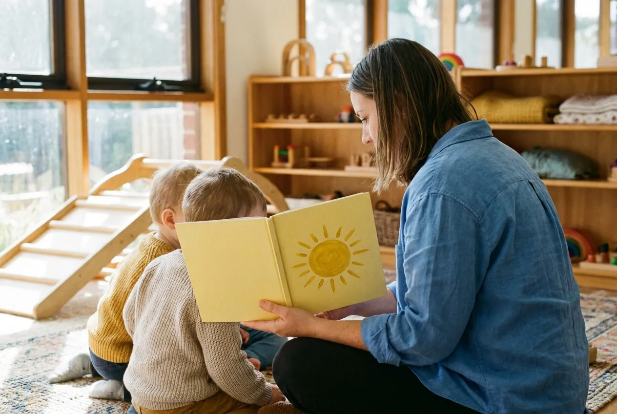 Wren Calloway reading a sun-covered picture book to two toddlers on a rug