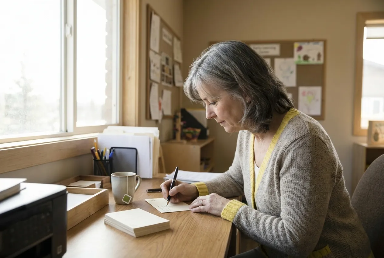 Margaret Ellery handwriting the day’s postcards at the staff desk