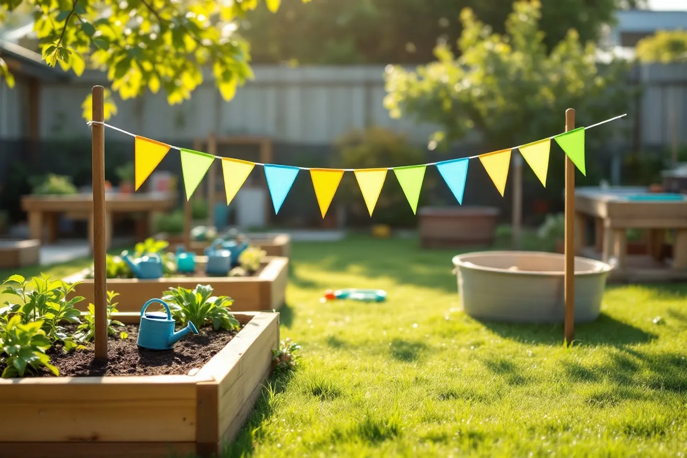 The Field House garden yard with raised beds, watering cans and paper flags