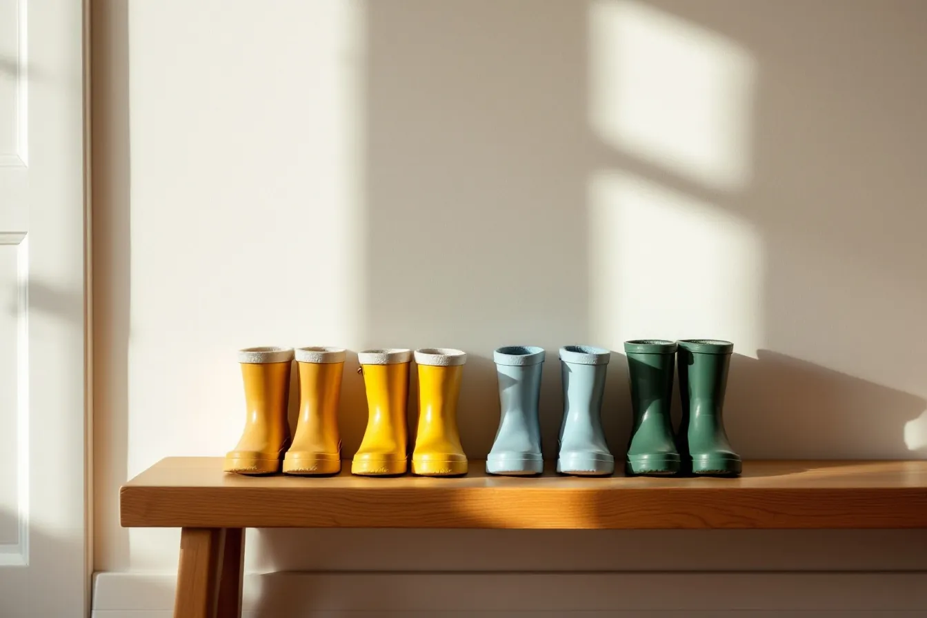 A row of tiny gumboots in butter yellow, sky blue and leaf green on a timber bench
