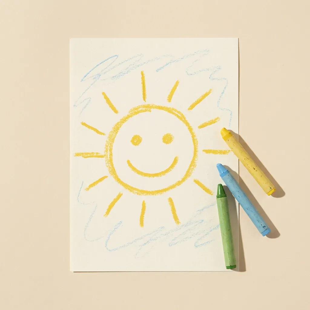 A child’s crayon drawing of a smiling sun beside three crayons