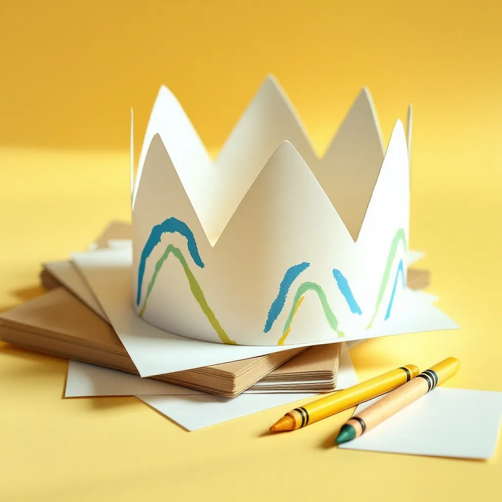A handmade paper crown on a stack of postcards and drawing paper