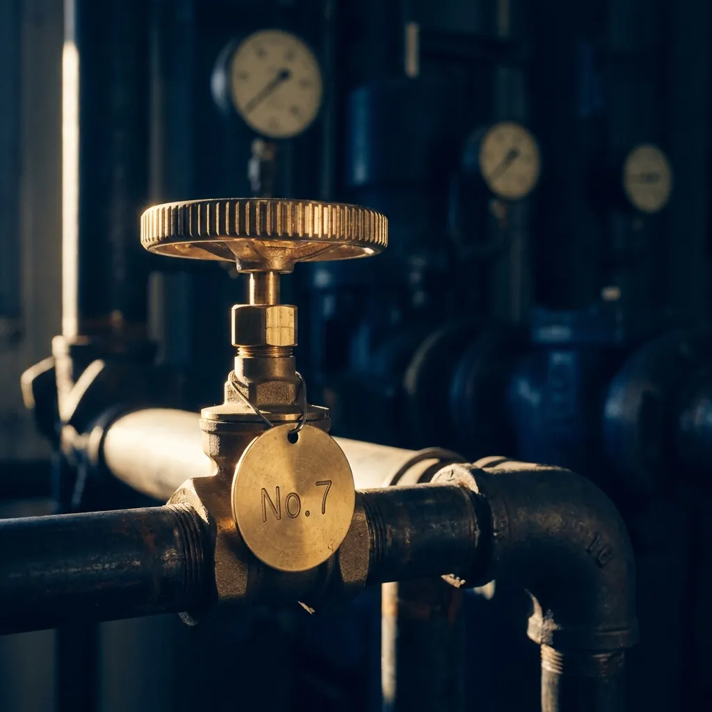Polished brass gate valve with engraved No. 7 tag in a commercial plant room