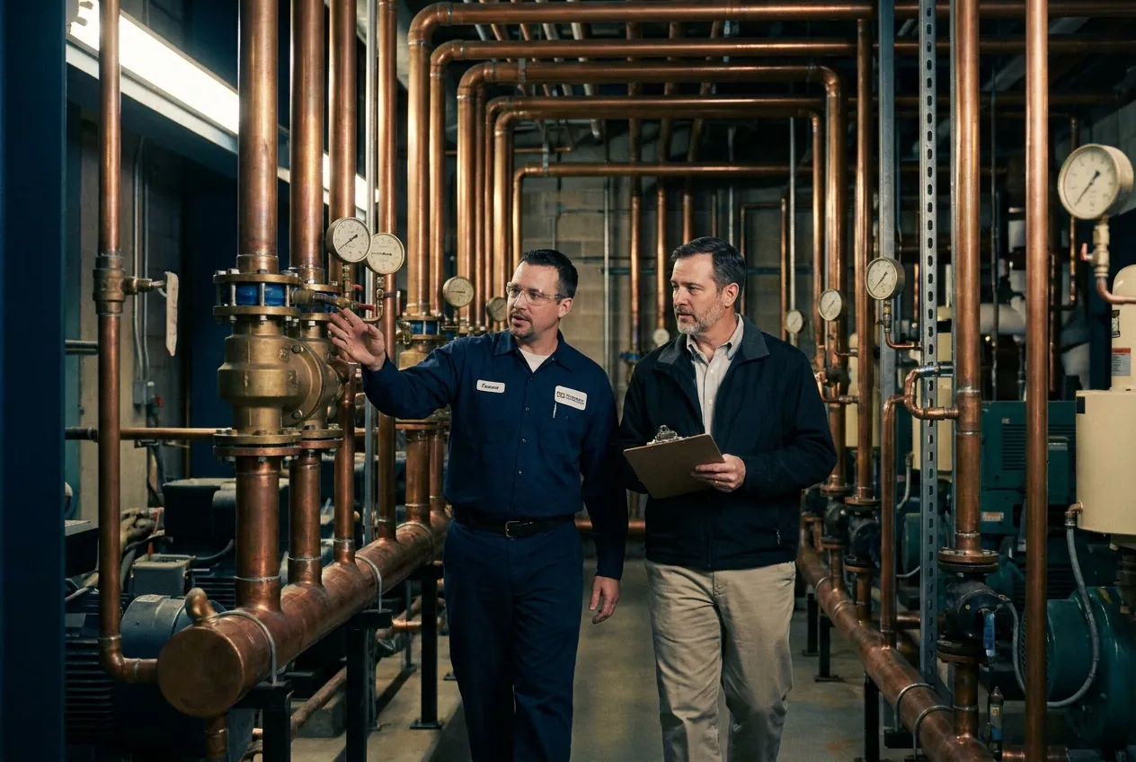 A Fairwater foreman walking a building manager through a copper-manifold plant room