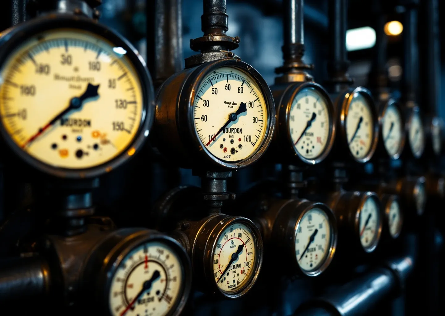 A cluster of cream-faced Bourdon pressure gauges on dark plant pipework