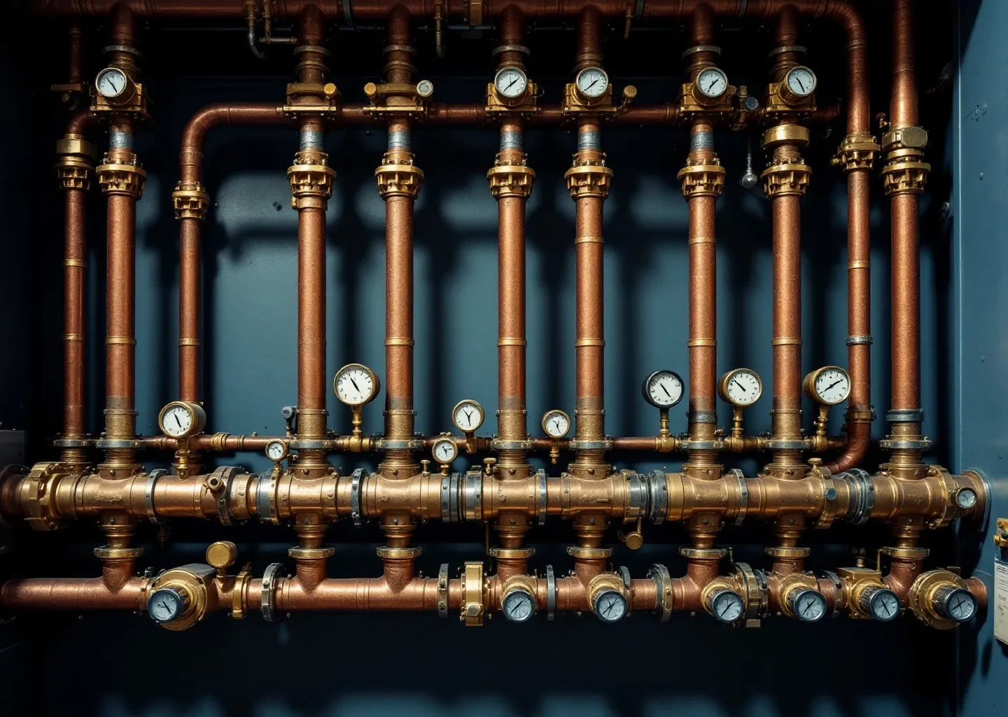Rows of copper manifolds with brass isolation valves in a riser cupboard