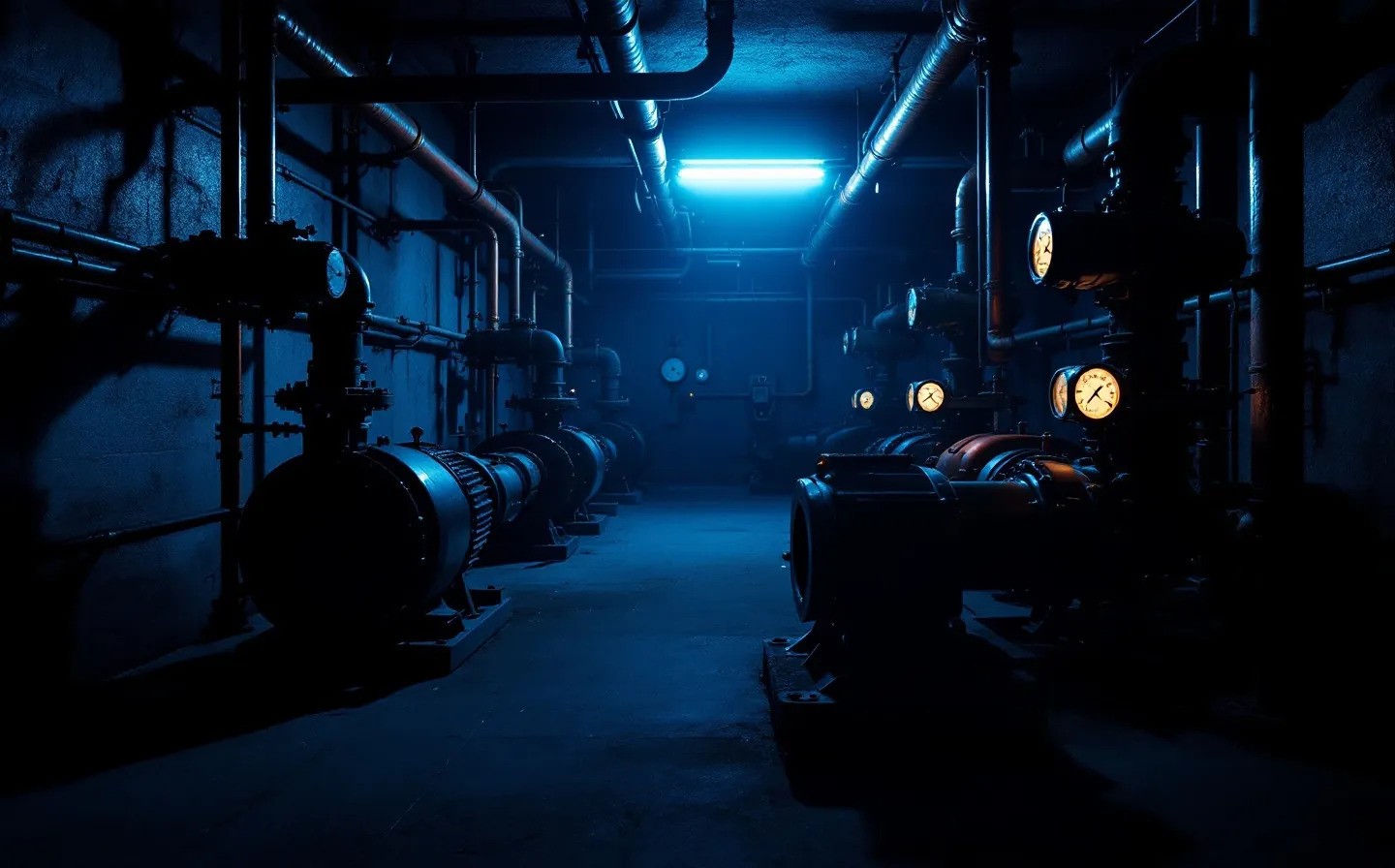 A dim commercial plant room, pumps and gauges under one raking work light