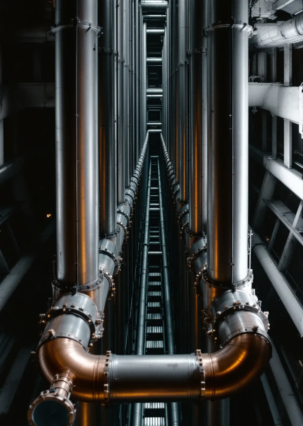 Looking straight up a commercial wet-riser shaft, pipes vanishing floor by floor