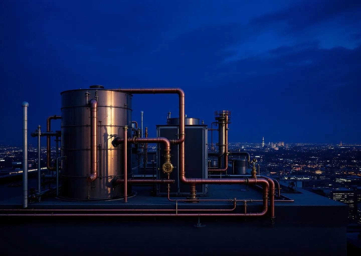 Rooftop hot-water plant and copper pipework above the city at dusk