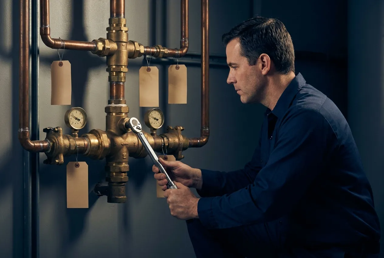 A licensed Fairwater plumber servicing a thermostatic mixing valve station, compliance tags on the pipes