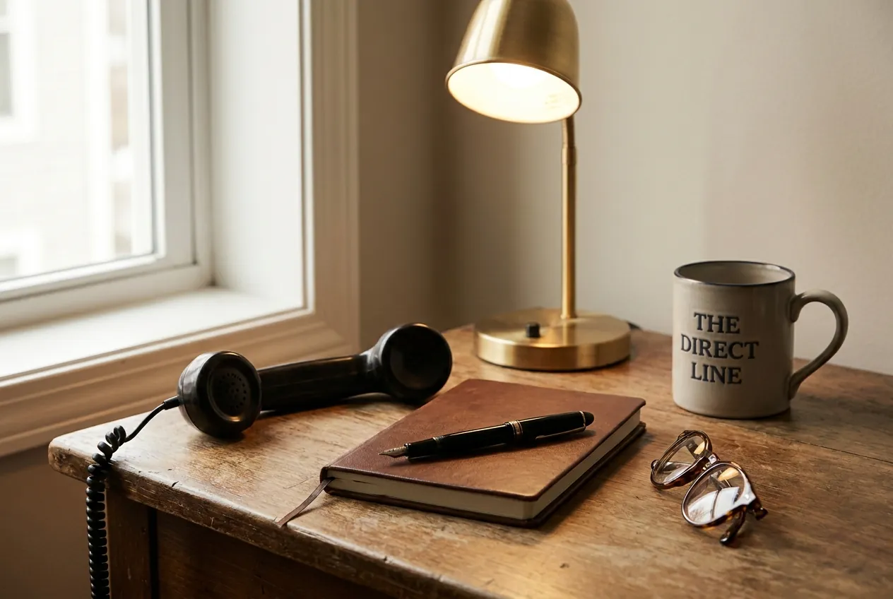 A desk at Wexford House with the direct line and a reading lamp