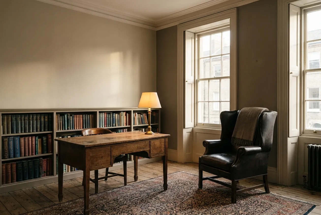 The lamp-lit study at Wexford House