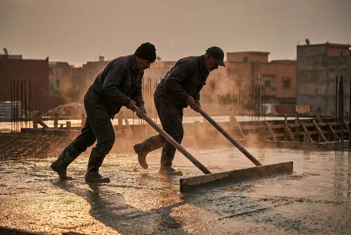 Two Monolith & Form finishers dragging a screed board in rhythm at dawn