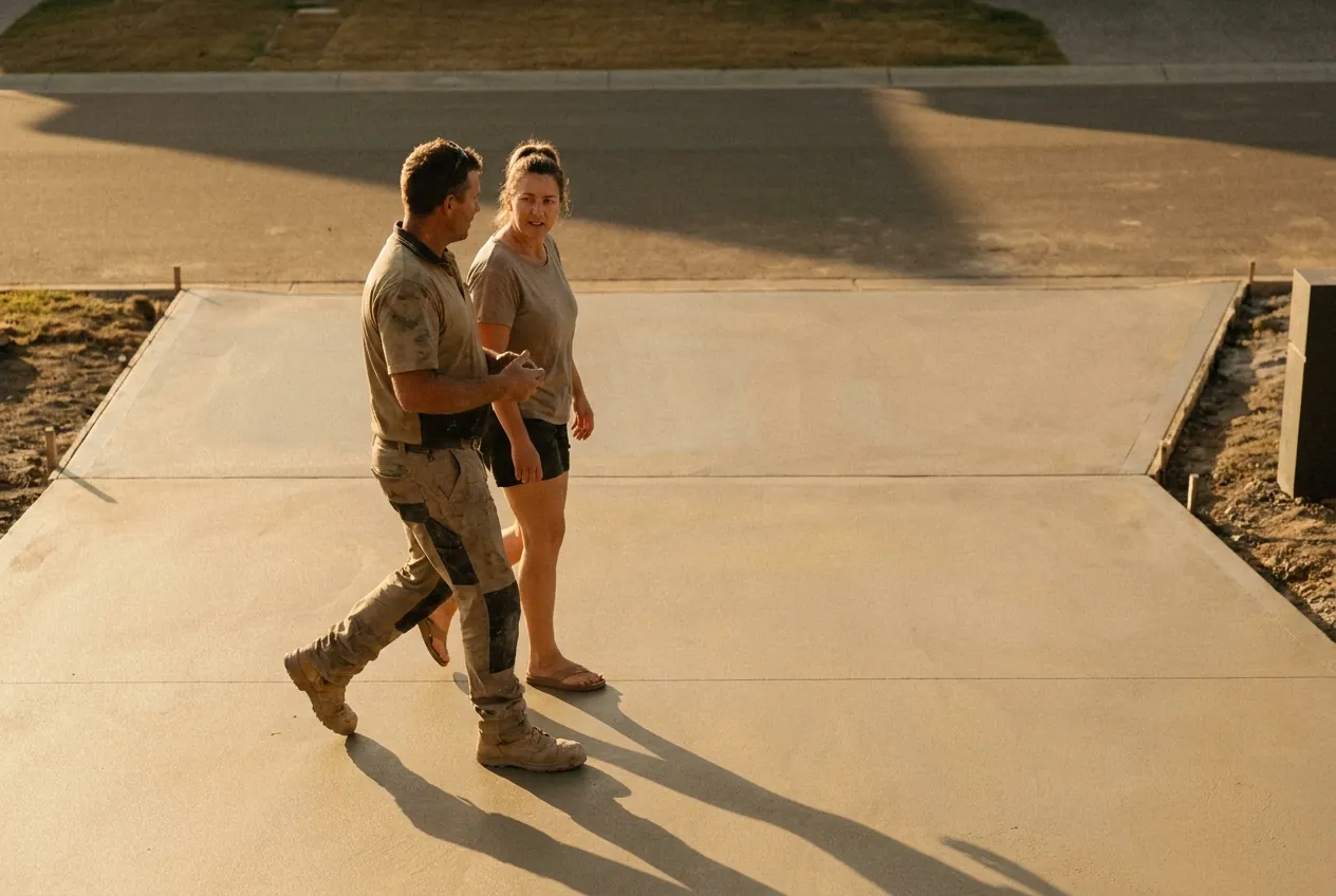 A Monolith & Form concreter walking a homeowner across her new driveway at golden hour