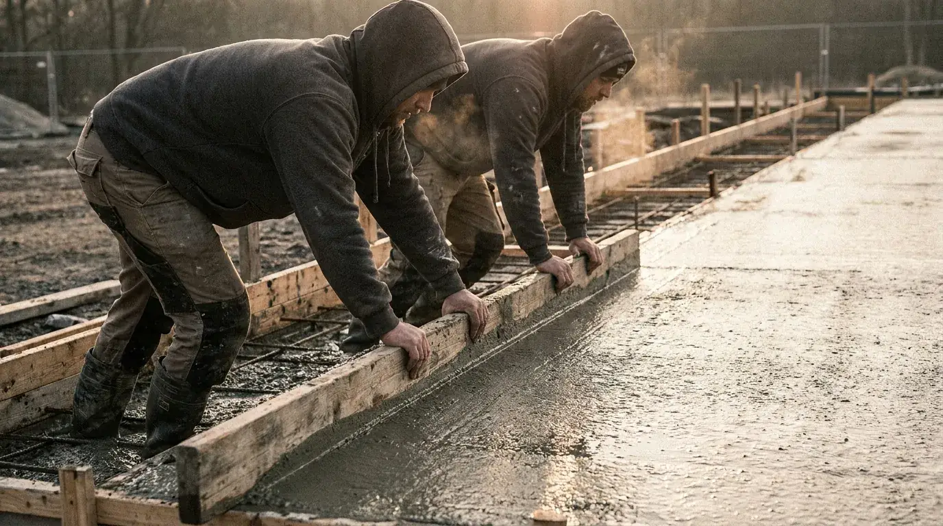 Two Monolith & Form finishers pulling a screed board across a fresh pour at dawn