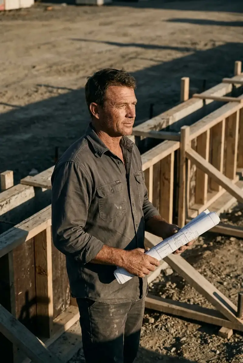 Marcus Hale, owner of Monolith & Form Concrete, on site at dawn with a rolled plan