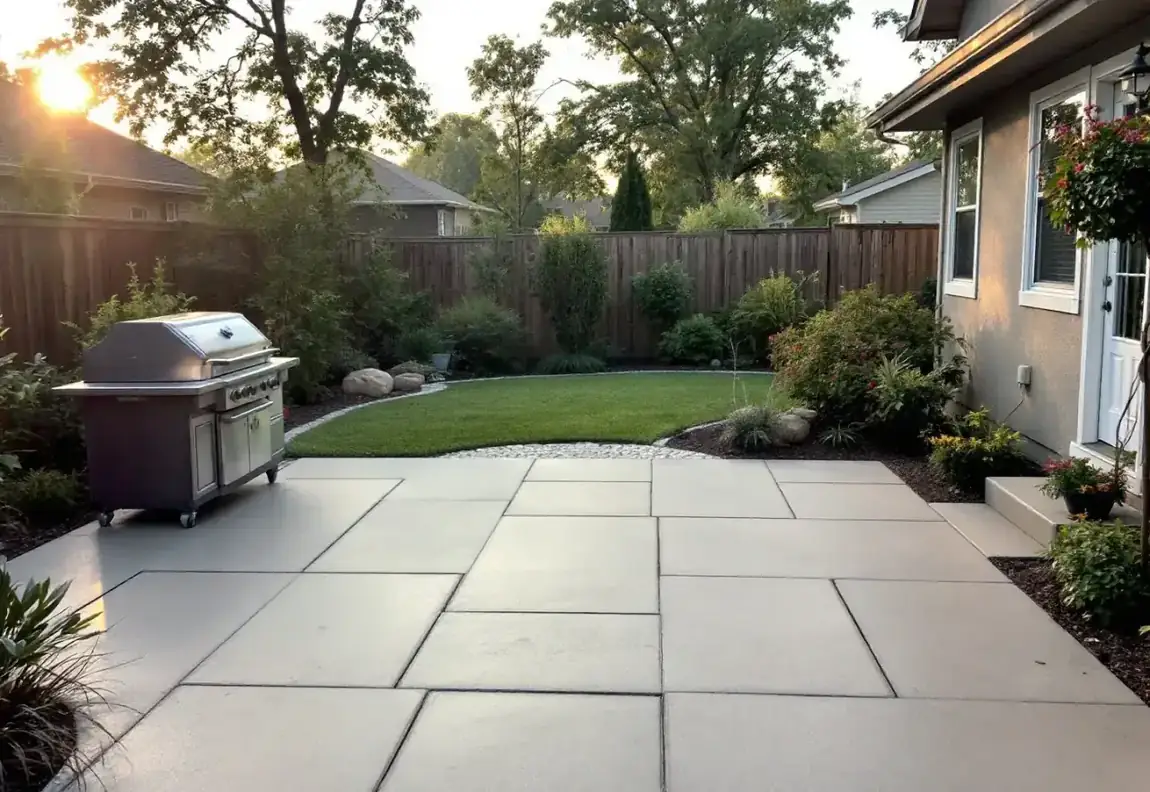 Burnished concrete patio panels at golden hour