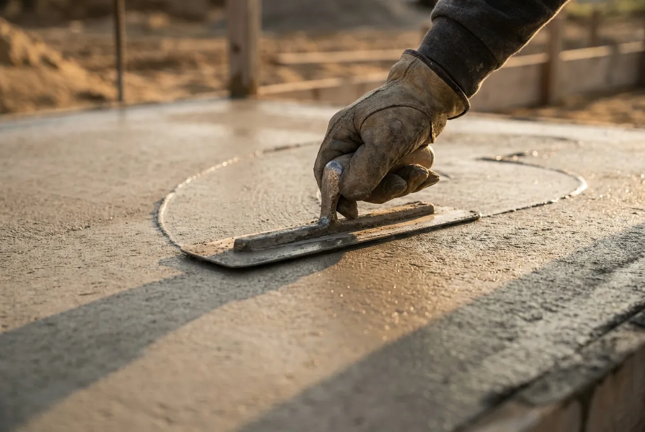 A finisher's gloved hand sweeping a steel trowel across fresh concrete