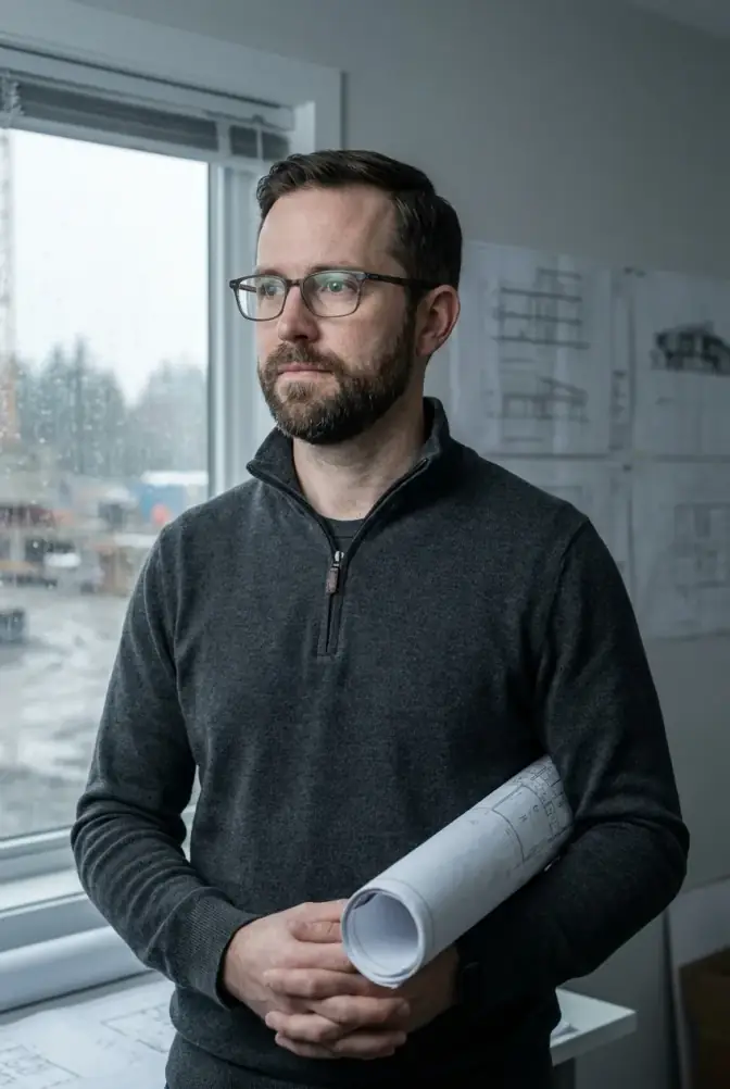 Preconstruction manager Toby Ashworth beside the site office window