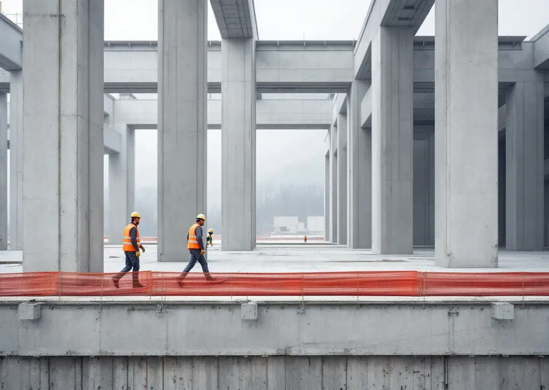 Precast concrete frame of Corriedale Works with crew small in frame