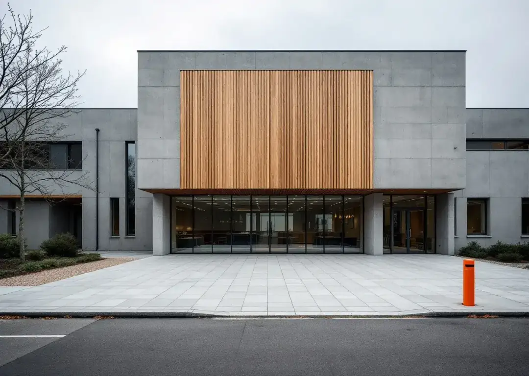 Completed Ashgrove Learning Commons entry with timber battens over concrete