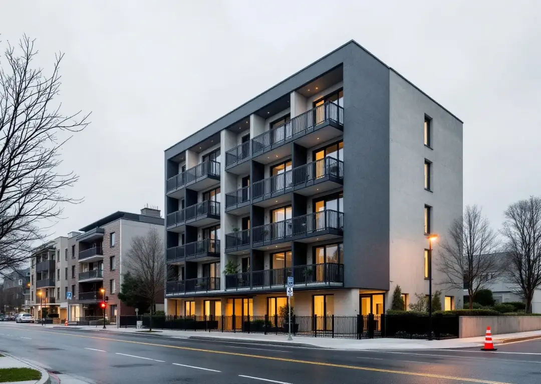 Completed Fenner Quarter apartment building at overcast dusk