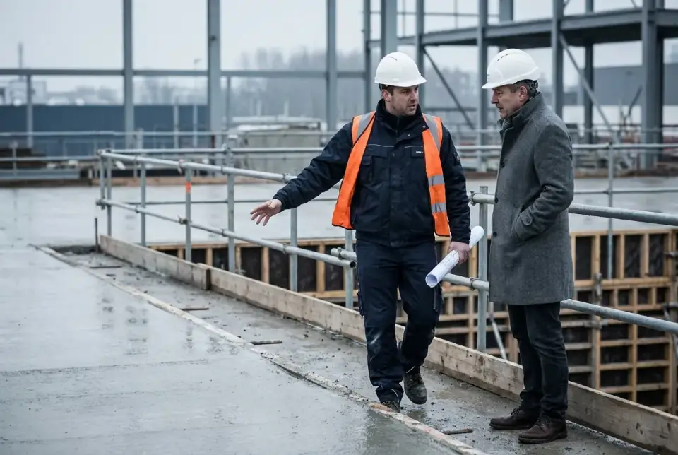 A Merrow & Slate project manager walking a poured slab with a client
