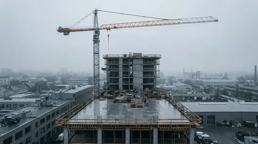Drone view over the Northbank Exchange slab with the tower crane above