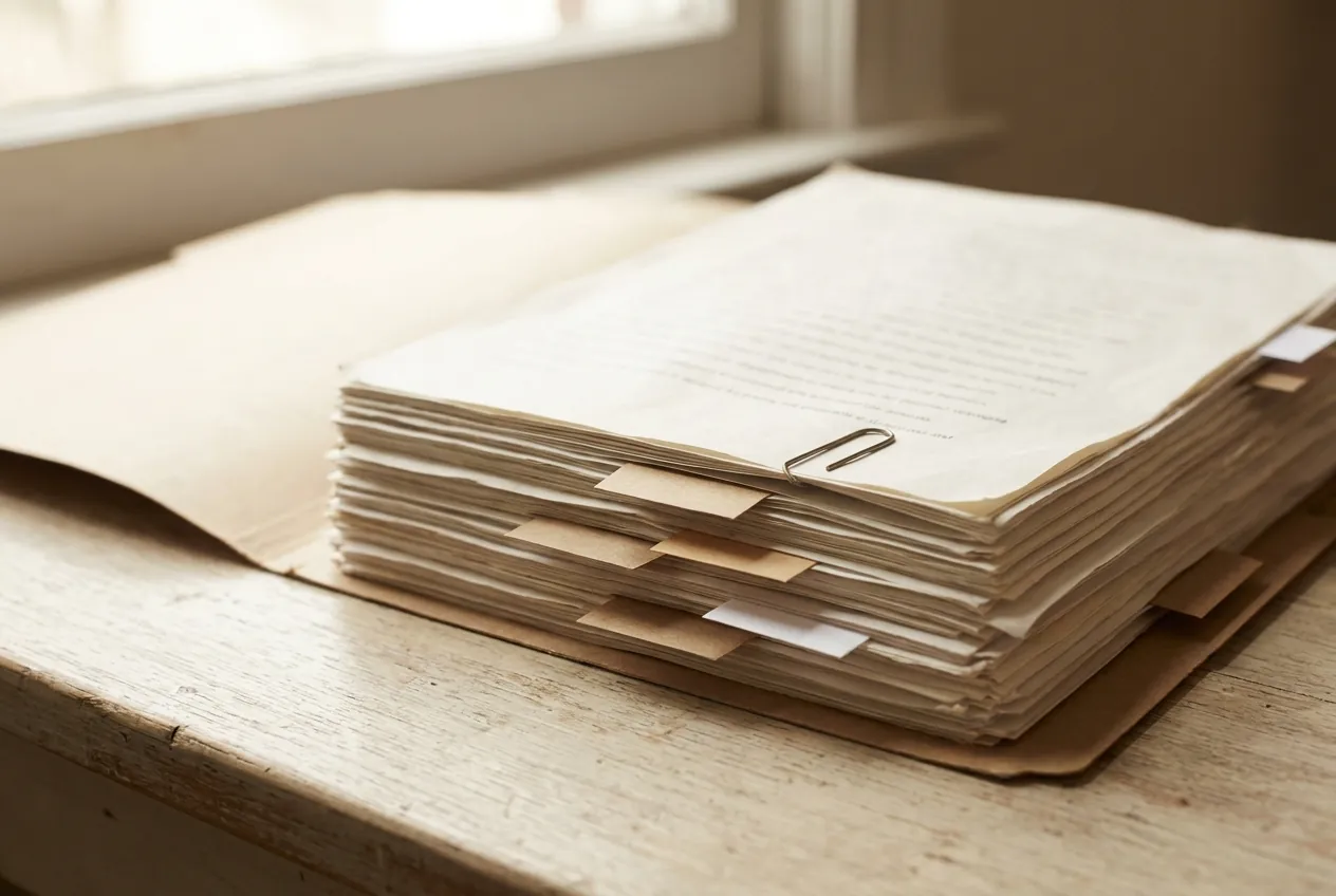 A contract file open on a desk, searches and adjustments clipped in order.