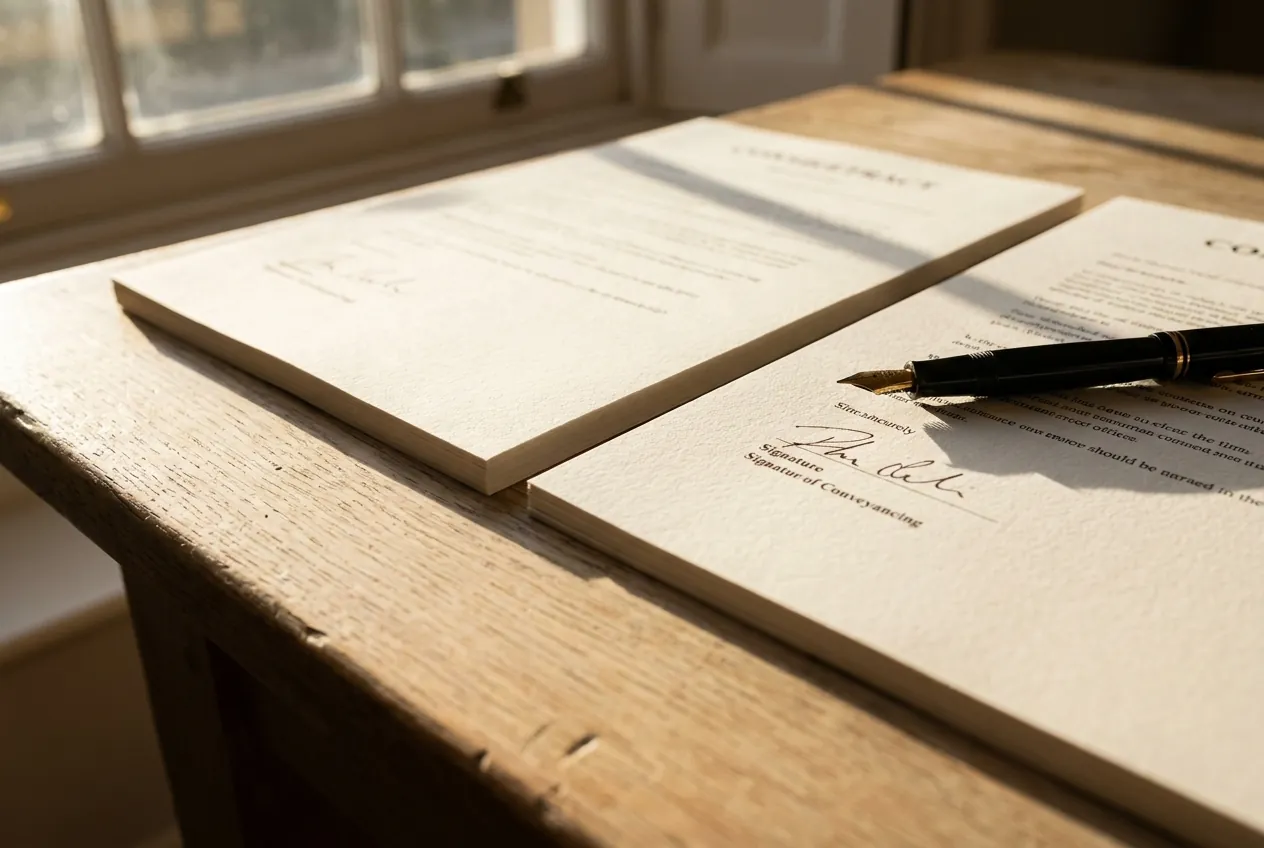 Two signed contract counterparts aligned on a desk beside a pen, in raking daylight.