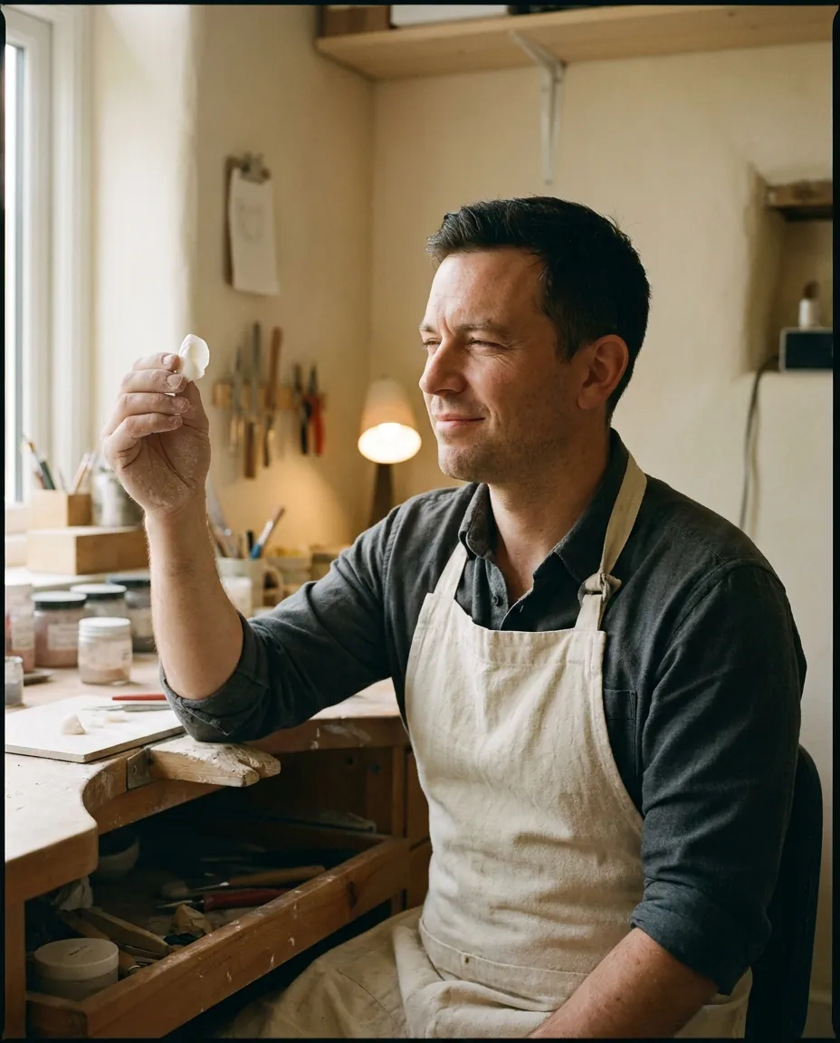 Master ceramist Tomas Aldana checking a porcelain veneer at his lab bench