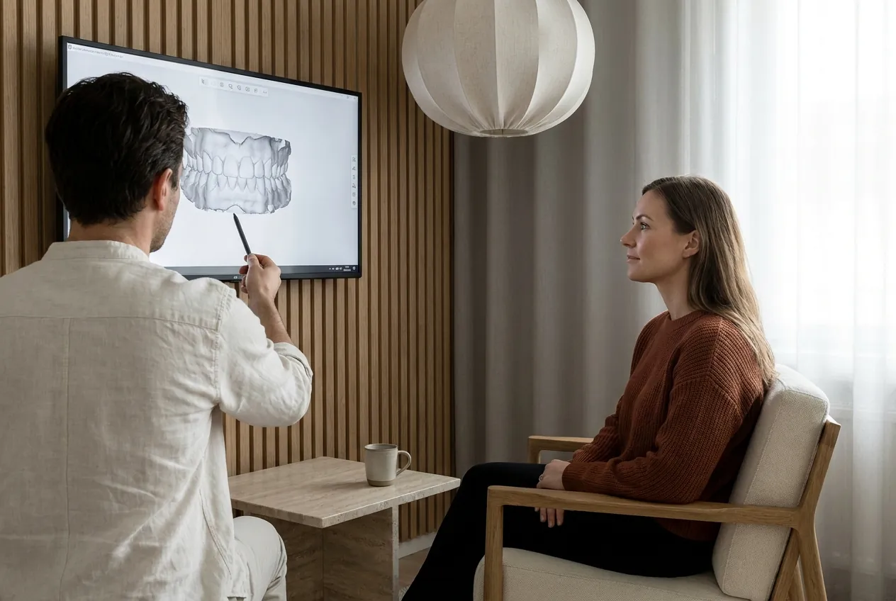 A consultation at Marlow — the patient's 3D scan walked through on a wall screen before anything is booked