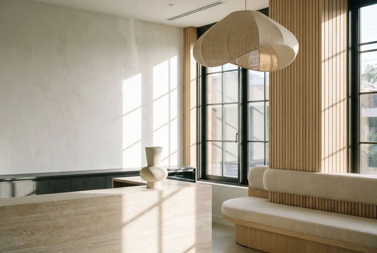 Marlow Dental Studio reception — travertine counter, oak slat wall and linen pendant, shown in the studio's cherry duotone