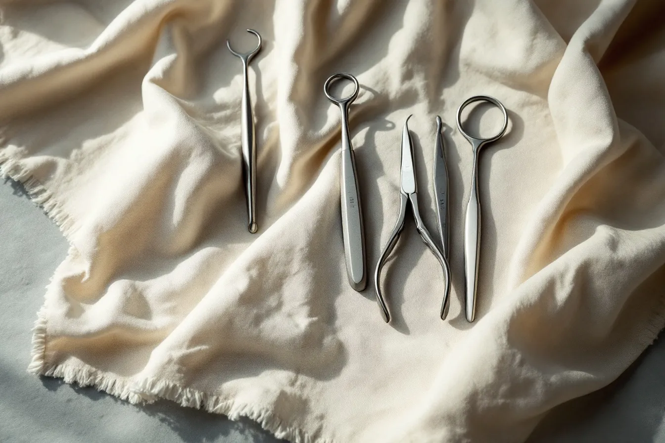 Polished dental instruments arranged on linen, shown in the studio's cherry duotone