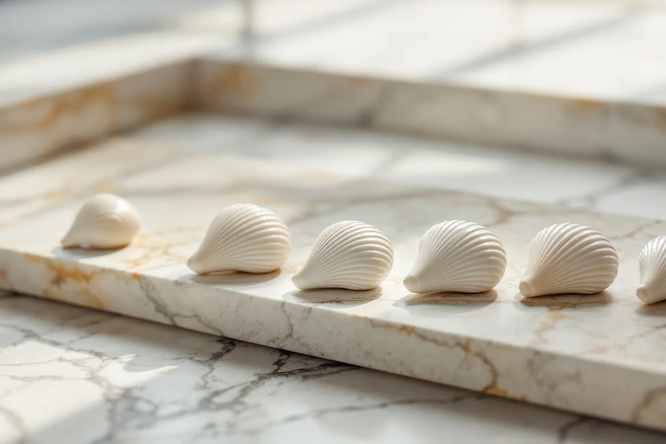 Handcrafted porcelain veneer shells on a travertine slab
