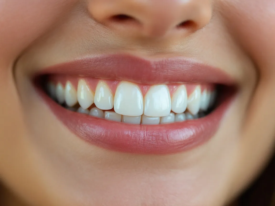 Tight crop of lips and teeth after implant restoration