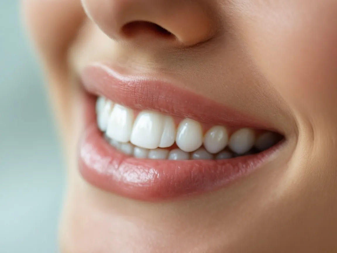 Tight crop of lips and teeth showing a finished porcelain veneer smile