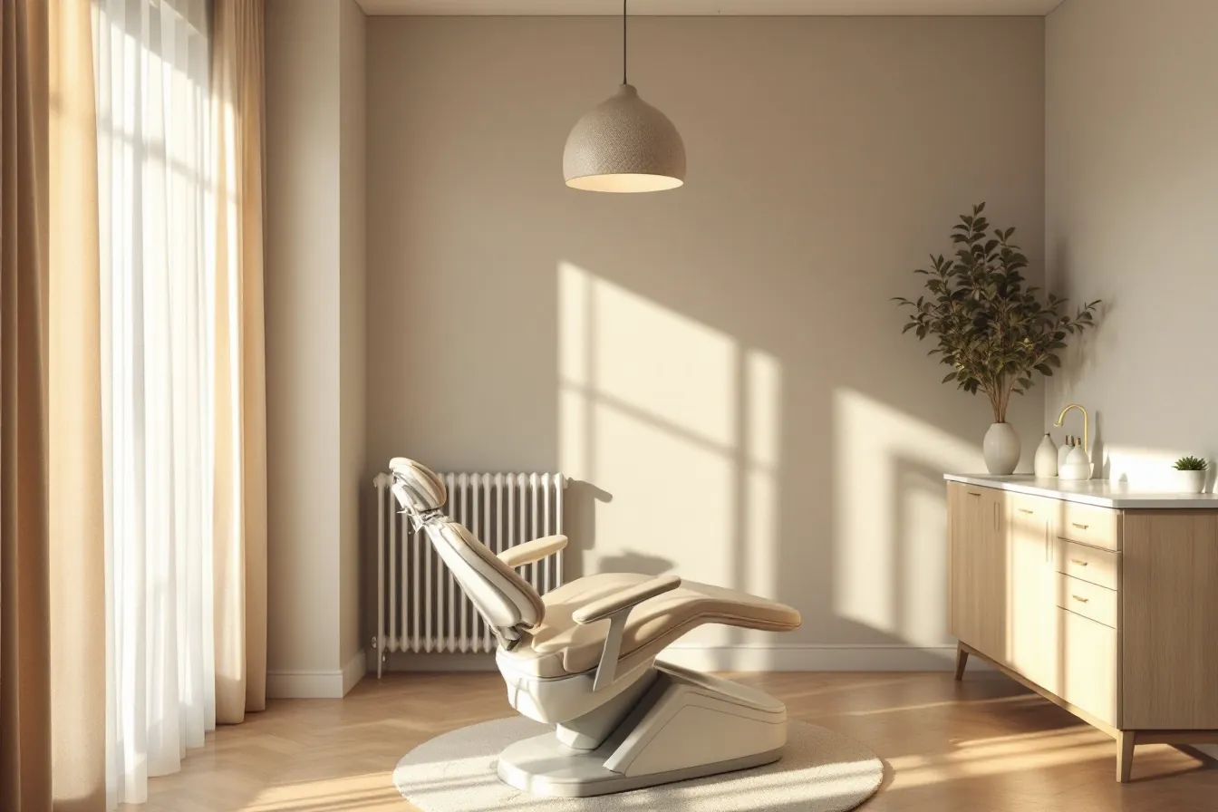 Marlow treatment suite — cream dental chair styled like designer furniture in warm window light