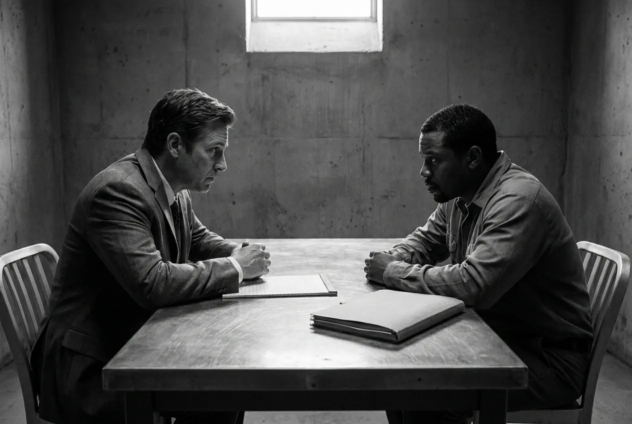 Black-and-white photograph of a defense attorney and a client seated across a bare table in a consultation room