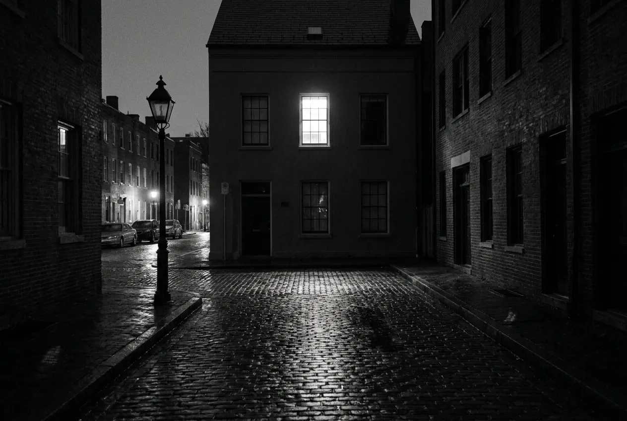 Black-and-white photograph of a small law office at night with a single lit window
