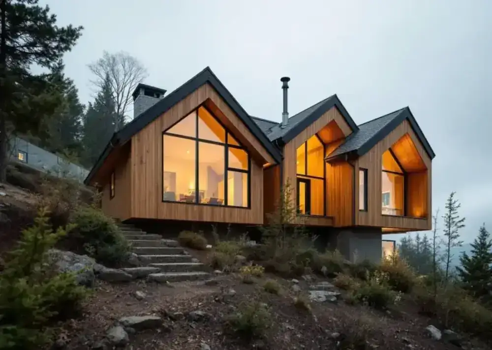Cedar-clad house stepped into a hillside with deep eaves and blackened-steel window frames