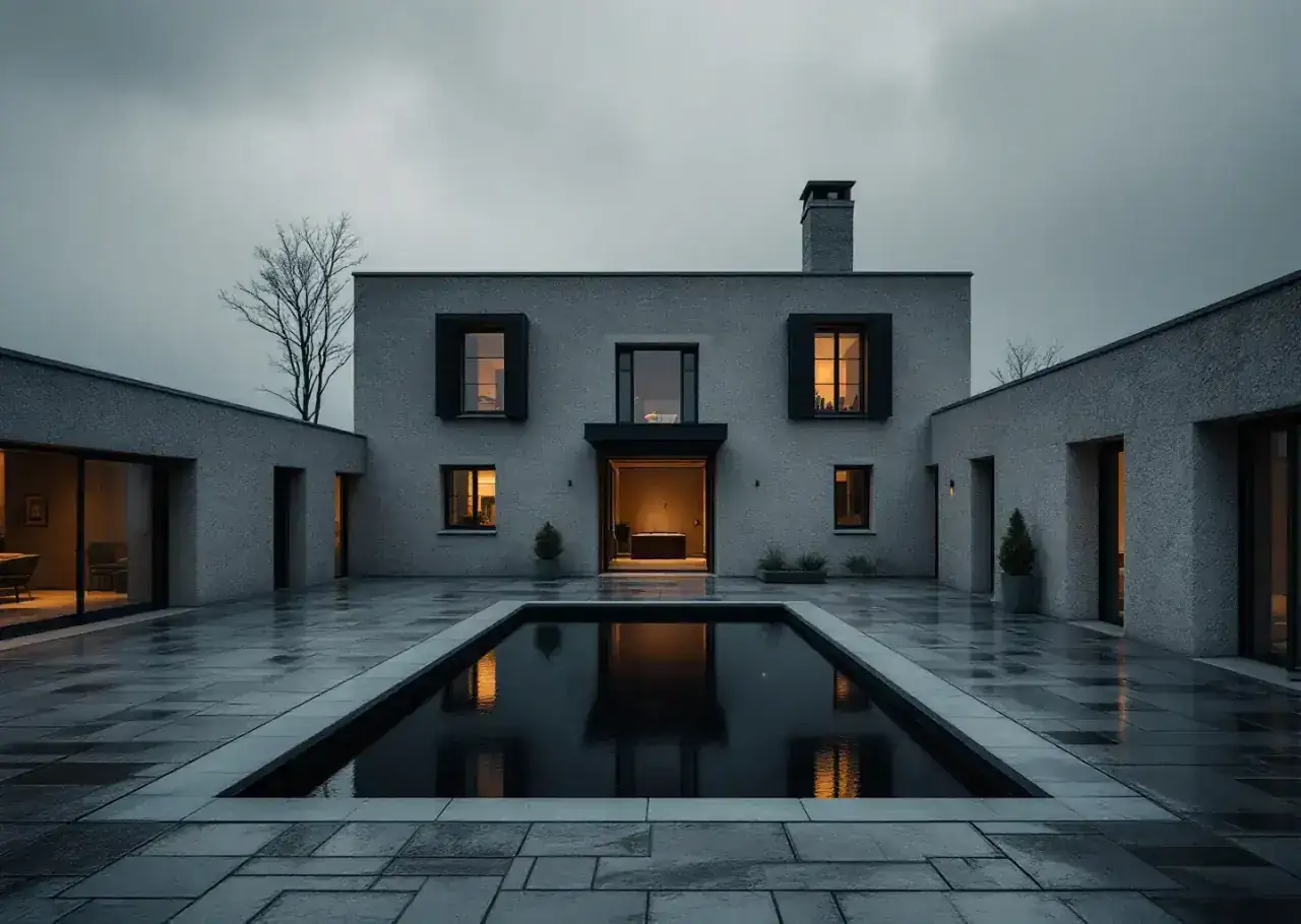 Limestone courtyard house around a still reflecting pool under an overcast sky